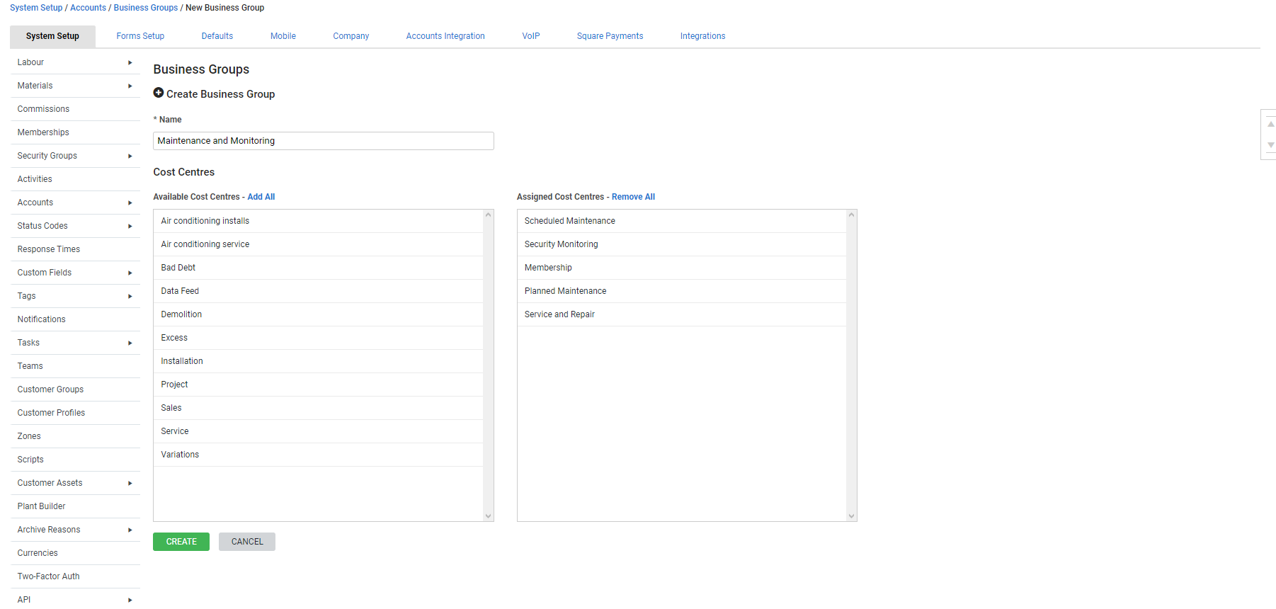 A screenshot of a business group being created.